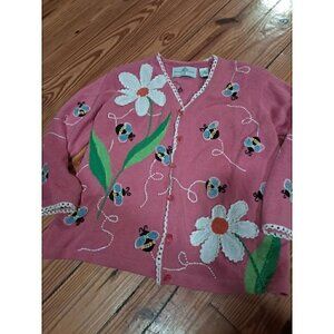 Design Options Womens Small Bumble Bee Floral All Over Knit Cardigan Sweater